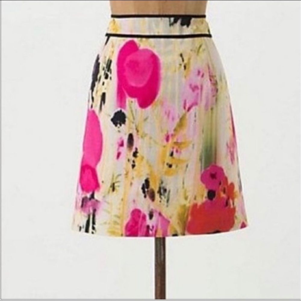 Anthropologie Tabitha Rain Poppy Watercolor Floral A-Line Skirt
